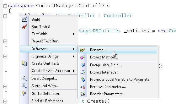 Screenshot shows refactoring a controller name.