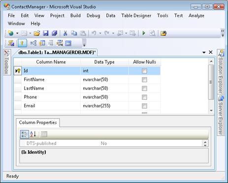 Screenshot shows the Database Table Designer.