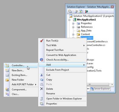 Screenshot of the Visual Studio Solution Explorer window, which shows the Add and Controller options in the right-click menu.