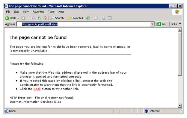 Screenshot of the Microsoft Internet Explorer window, which shows a 404 Not Found error.
