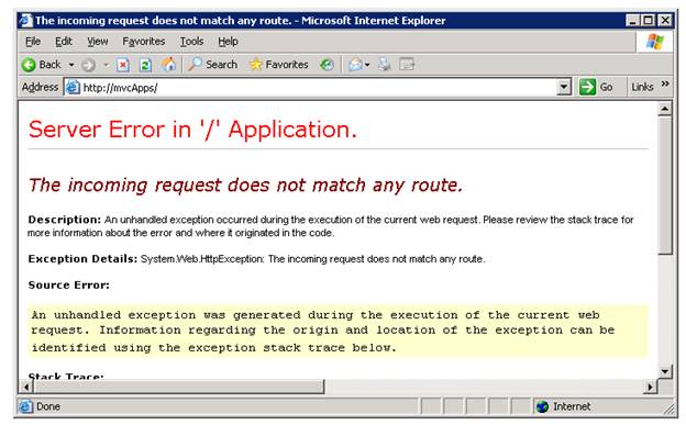 Screenshot of the Microsoft Internet Explorer window, which shows the Missing Root route error: The incoming request does not match any route.