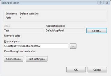 Screenshot of the Edit Application dialog box, which is showing that IIS is configured to run the application in integrated request processing mode.