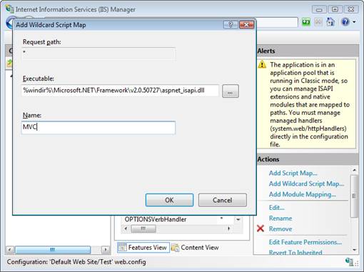 Screenshot of the Internet Information Services Manager 7 point 0 window, which is showing the Add Wildcard Script Map dialog box.