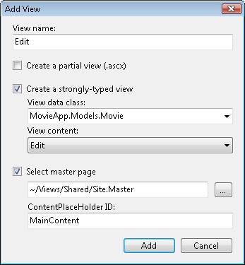 Screenshot of Add View box for the View name, Edit, which shows Create a strongly typed view and Select master page entries selected.