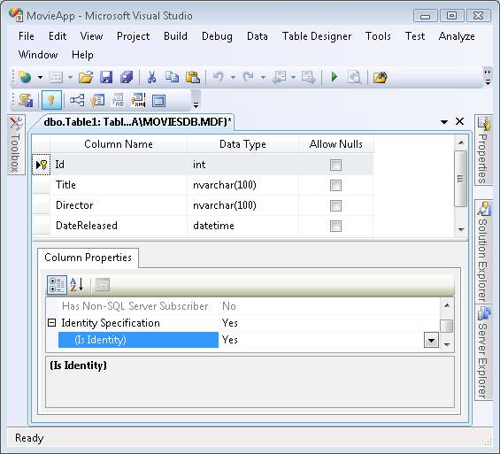Screenshot of Microsoft Visual Studio, which shows completed Movies database table and Is Identity property set to Yes.