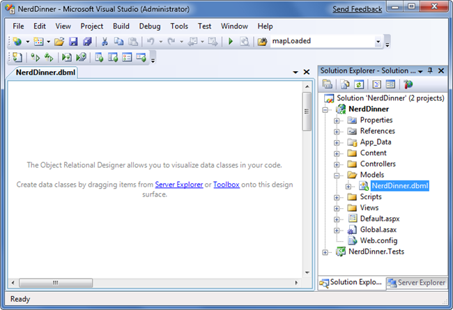 Screenshot of the Nerd Dinner dialog box in Visual Studio. The Nerd Dinner dot d b m l file is selected.