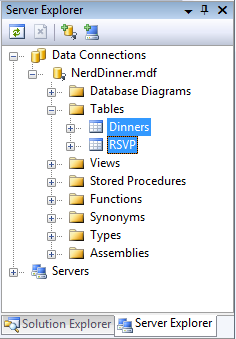Screenshot of Server Explorer. Tables is expanded. Dinners and R S V P are highlighted.