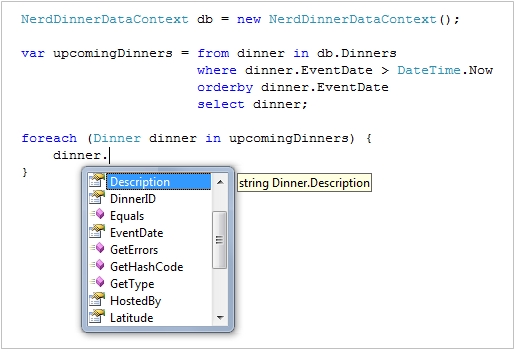 Screenshot of Visual Studio. Description is highlighted.