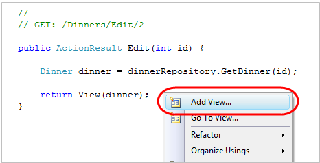 Screenshot of creating a view template to add view in Visual Studio.