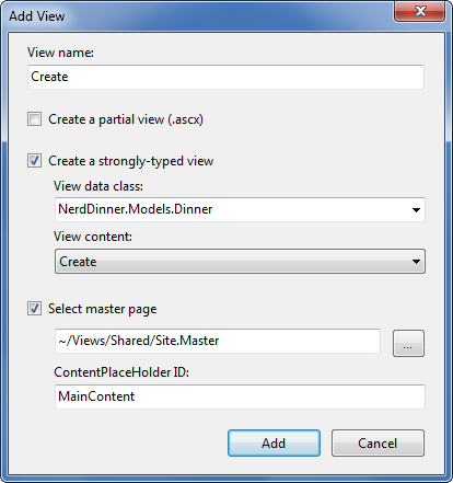 Screenshot of Add view to create a view template.