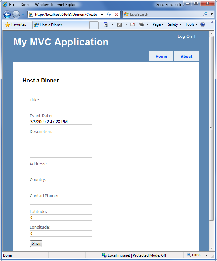 Screenshot of Create action implementation when we run our application and access the Dinners U R L.