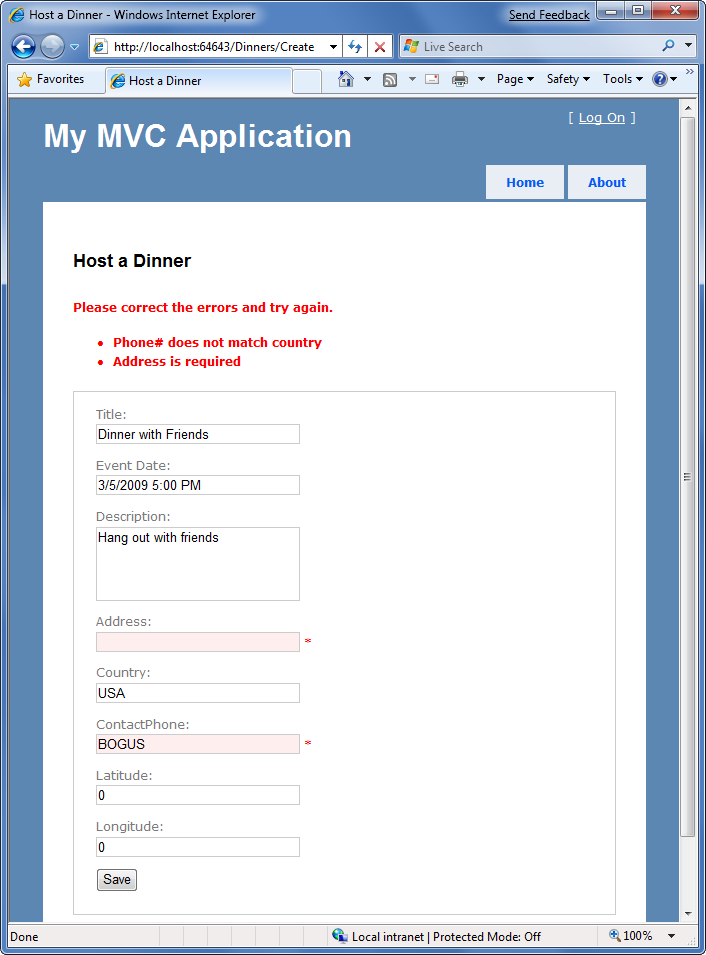 Screenshot of the form redisplayed with errors highlighted.