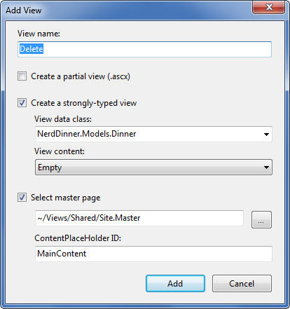 Screenshot of creating the Delete view template as an an empty template.