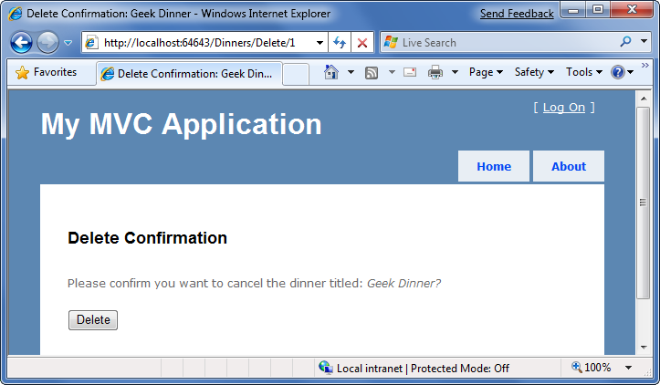 Screenshot of the Dinner delete confirmation U I in the H T T P G E T Delete action method.
