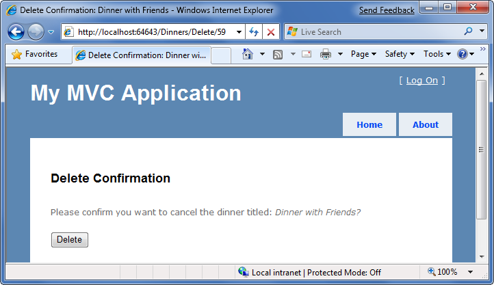 Screenshot of the Dinner delete confirmation screen in the H T T P P O S T Delete action method.