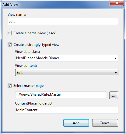 Screenshot of Add view to auto-scaffold an Edit template.