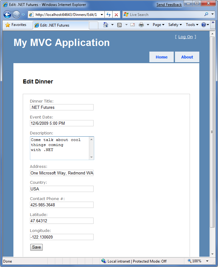 Screenshot of My M V C Application page.