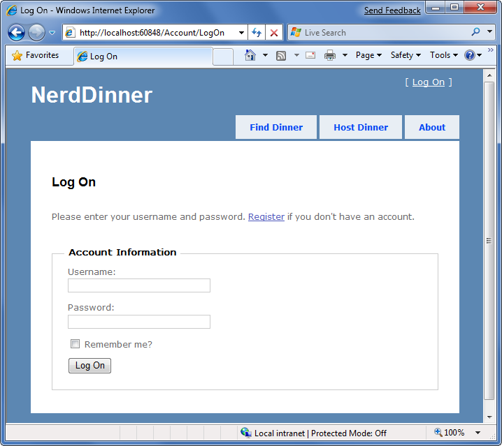 Screenshot of the Nerd Dinner Log On page.