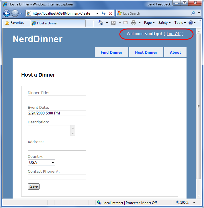 Screenshot of the Nerd Dinner Host a Dinner form page. The Welcome and Log Off buttons are highlighted in the top right corner.