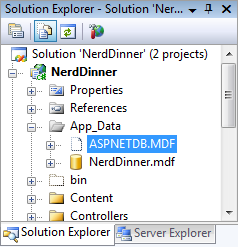 Screenshot of the Nerd Dinner navigation tree. App Data is expanded and A S P NET D B dot M D F is selected.