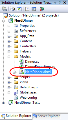 Screenshot of the Nerd Dinner dot d b m l file in the Models directory.