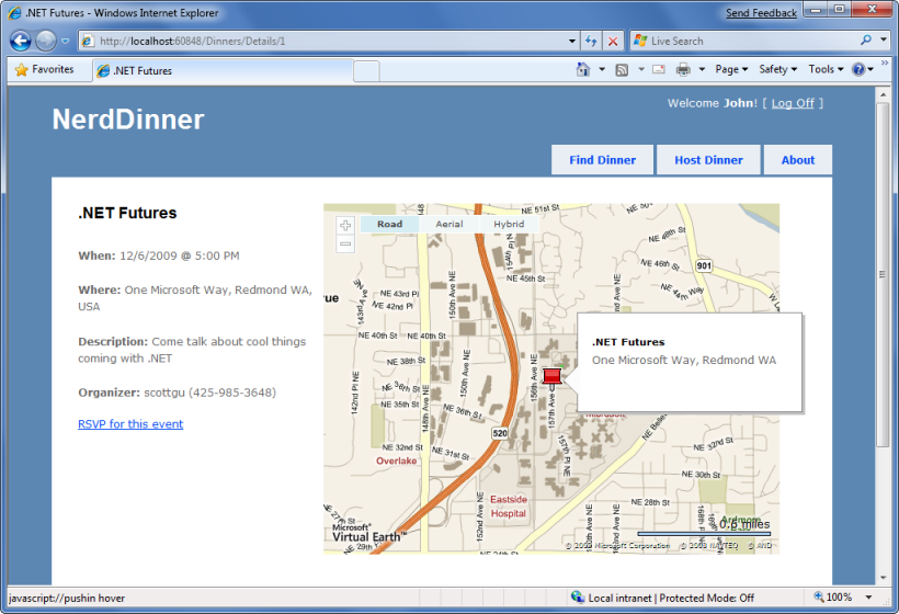 Screenshot of the Nerd Dinner details page with a map showing navigation to a dinner.