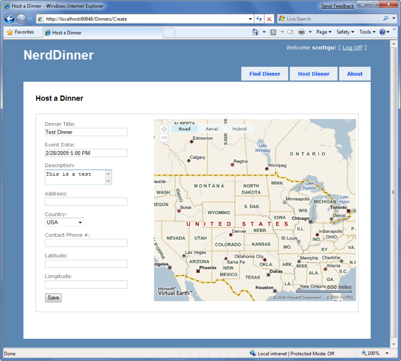 Screenshot of the Host Dinner page with a default map displayed.