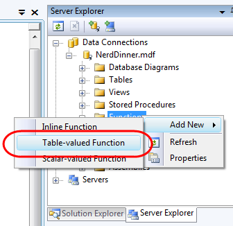 Screenshot of the S Q L Server. Table-Valued function is highlighted.