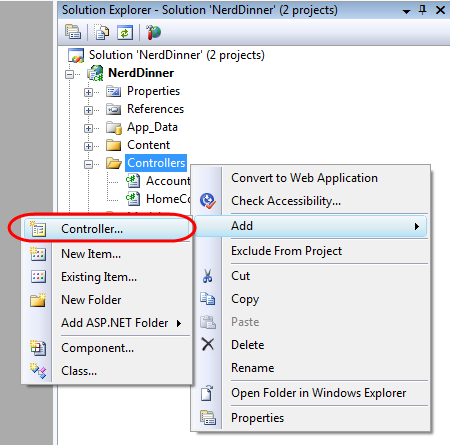 Screenshot of the Solution Explorer window showing the Controllers folder and the Add and Controller menu items highlighted in blue.