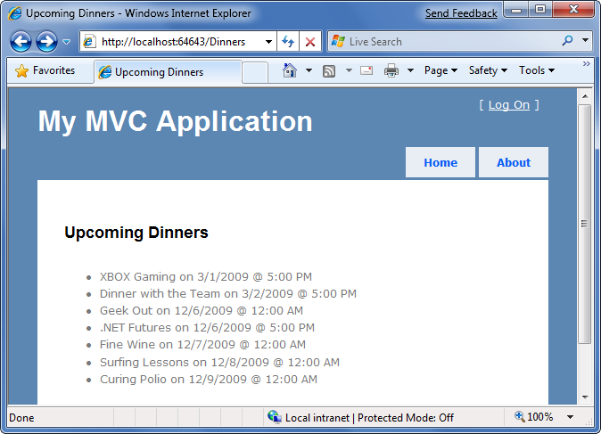 Screenshot of the application response window showing a list of upcoming dinners after the refresh command.