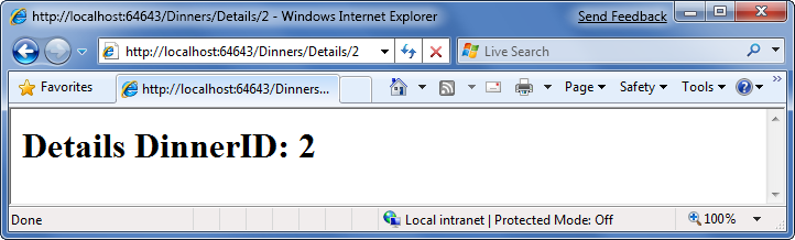 Screenshot of the response window generated from running the NerdDinner application, showing the text Details Dinner I D: 2.