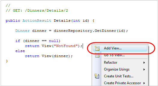 Screenshot of the project with the right-click menu item Add View highlighted in blue and circled in red.