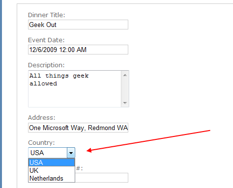 Screenshot of the edit user interface with the dropdown list of countries and regions highlighted with a red arrow.