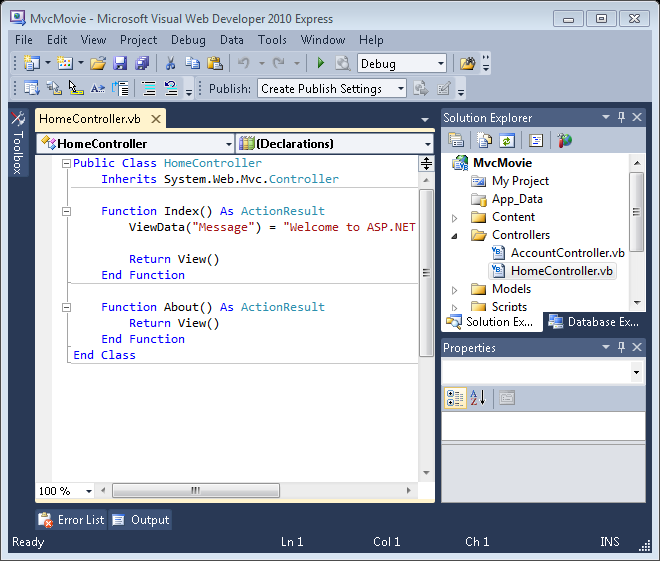Screenshot that shows the Home Controller dot v b tab. Home Controller dot v b is selected in the Controllers folder in the Solution Explorer window.