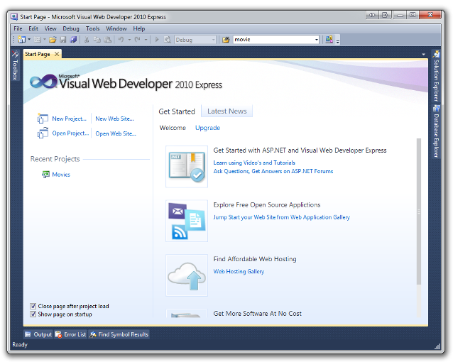 Screenshot that shows the Microsoft Visual Web Developer Start page.