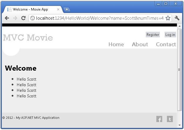 Screenshot that shows the M V C Movie Welcome page.