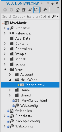 Screenshot that shows the Solution Explorer. Index dot c s h t m l is selected in the Hello World sub folder.