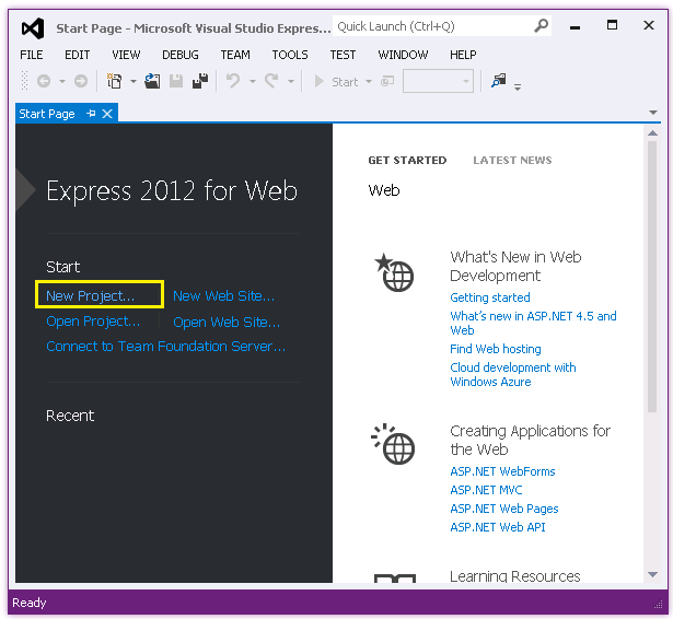 Screenshot that shows the Visual Studio Express Start page. The New Project option is highlighted.