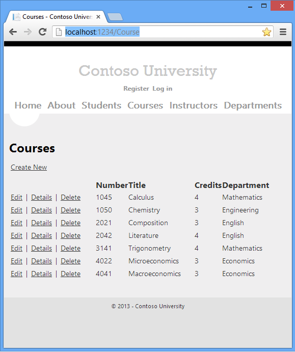 Screenshot that shows the Contoso University Courses Index page.