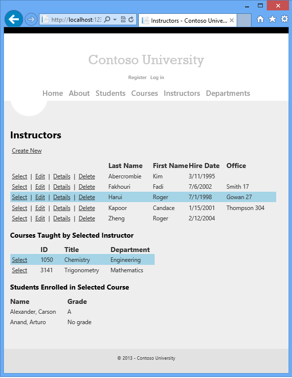 Screenshot that shows the Contoso University Instructors Index page with an instructor and one of their courses selected.