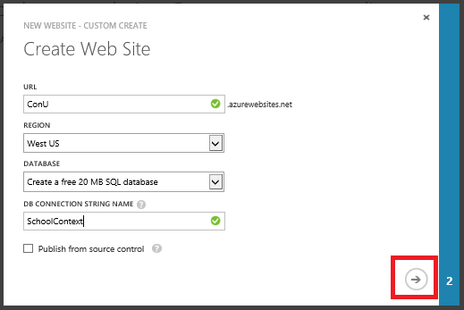 Screenshot that shows the Create Web Site dialog box. School Context is filled in the D B Connection String Name text field. The check mark button is highlighted.