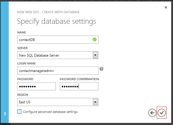 Screenshot that shows the Specify database settings dialog box with all settings selected and a sample password included in text fields. The check mark button is highlighted.