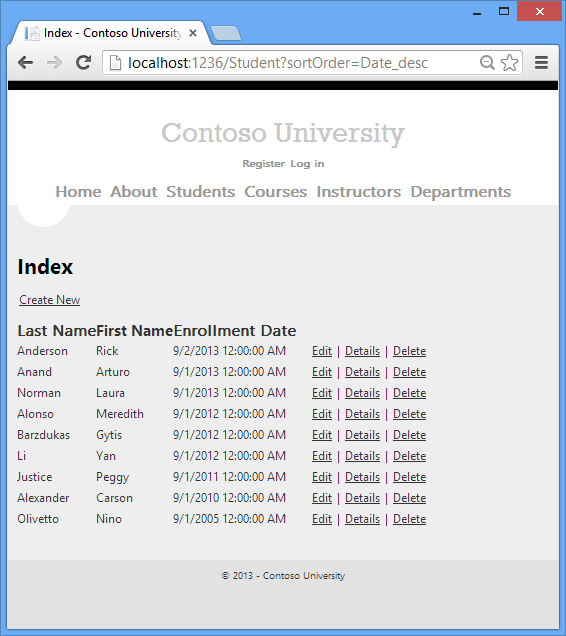 Screenshot that shows the Contoso University Students Index page. The column headings are Last Name, First Name, and Enrollment Date.