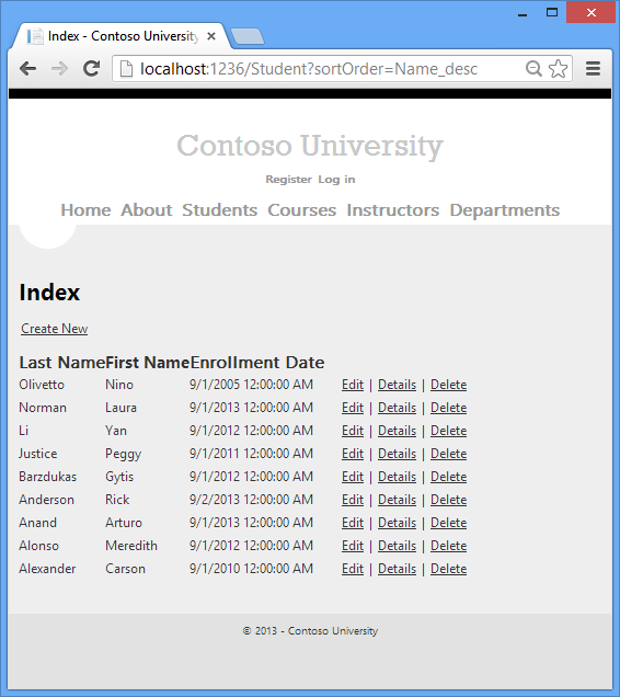 Screenshot that shows the Contoso University Students Index page with a list of students displayed in descending last name order.