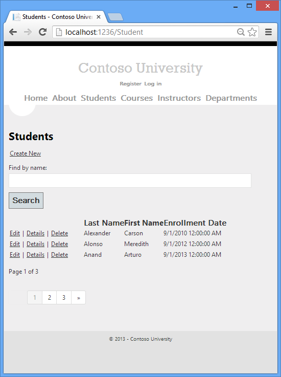 Screenshot of the Students Index page showing paging links.