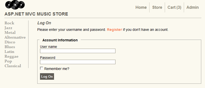 Screenshot of the Log On menu bar, requesting the user to enter a user name and password, in addition to the option to click a 'remember me' button.