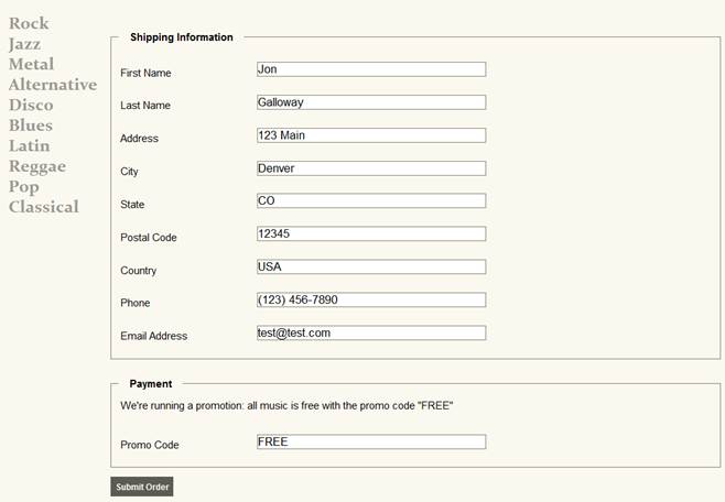 Screnshot showing the entry options for purchaser's shipping and payment information, with a placeholder for entering promo codes.