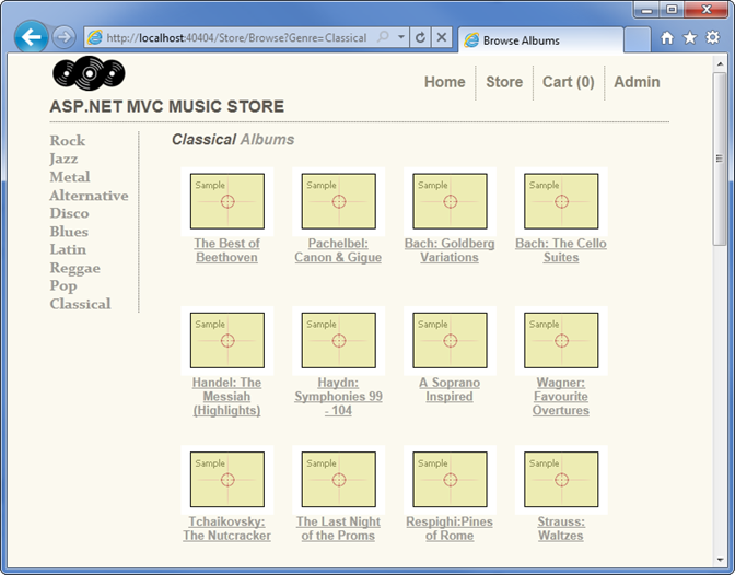 Music store screenshot, showing a grid view of the albums within one genre, and the partial list view that was created on the left of the window to show of all the genres.