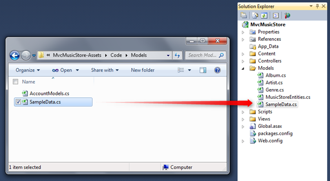Screenshot of the Code or Models folder to locate the Sample Data C S file and add the store catalog data.