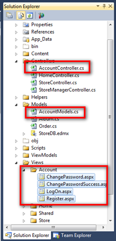 Screenshot of the Solution Explorer pane with Account Controller dot C S, Account Models dot CS, and the files in the /  Account / folder highlighted.